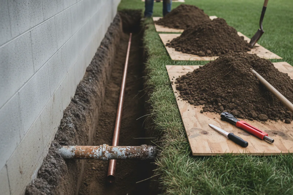 Excavated water line trench during Water Softener Installation in Inglis